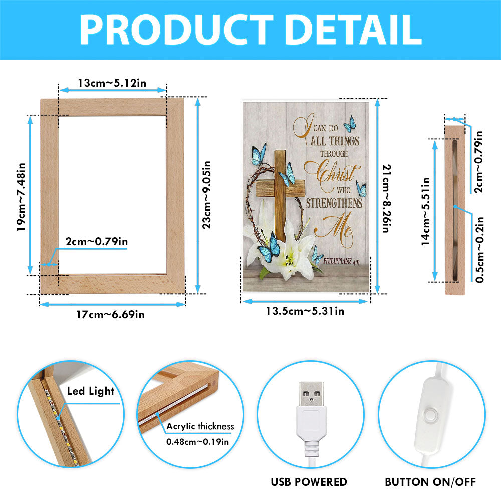 Christian Philippians 413 Nkjv Wooden Cross Lily Flower Butterflies Frame Lamp Prints - Bible Verse Decor - Scripture Art