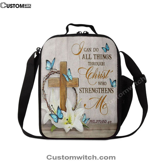 Christian Philippians 413 Nkjv Wooden Cross Lily Flower Butterflies Lunch Bag, Christian Lunch Bag For School, Picnic, Religious Lunch Bag