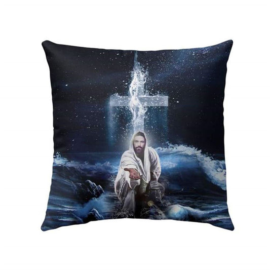 Christian Pillow, Jesus Pillow, Cross, Ocean Pillow, Jesus Outstretched Hands Saves Pillow, Christian Throw Pillow, Inspirational Gifts, Best Pillow