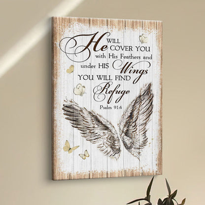 Christian Psalm 914 He Will Cover You With His Feathers Canvas Prints - Bible Verse Wall Decor - Scripture Wall Art