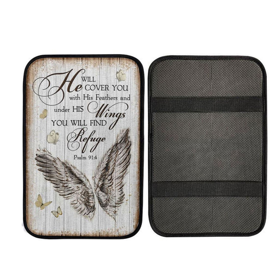 Christian Psalm 914 He Will Cover You With His Feathers Car Center Console Cover, Christ Car Interior Accessories