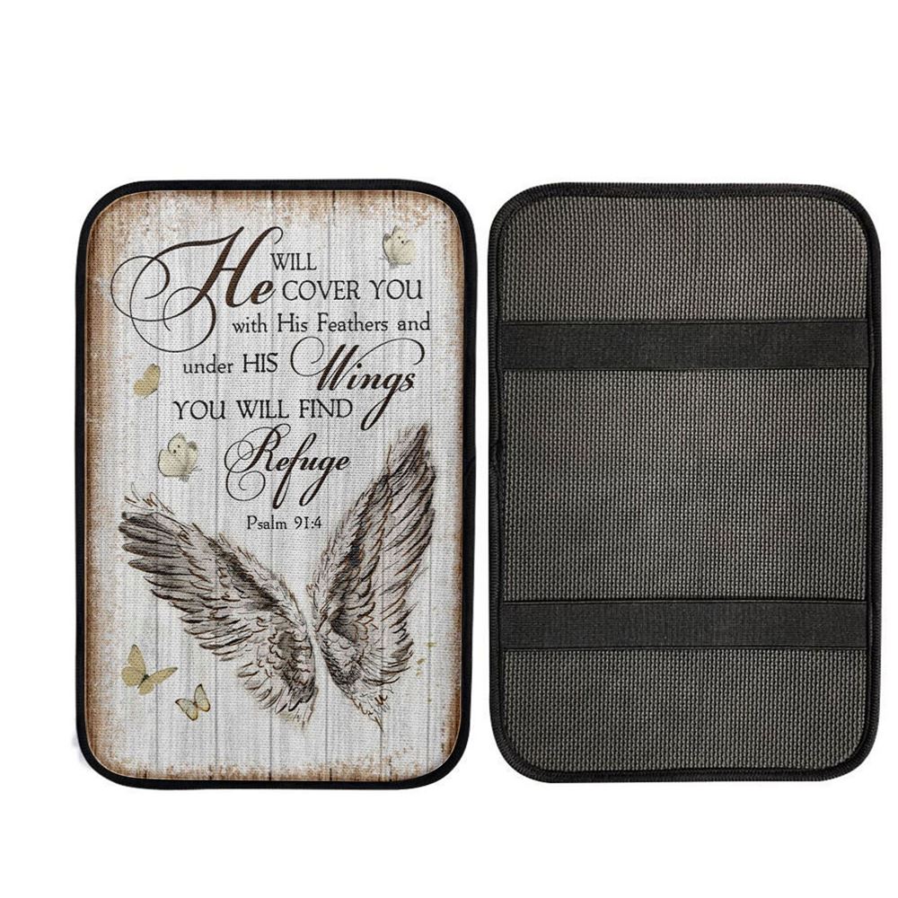Christian Psalm 914 He Will Cover You With His Feathers Car Center Console Cover, Christian Car Accessories