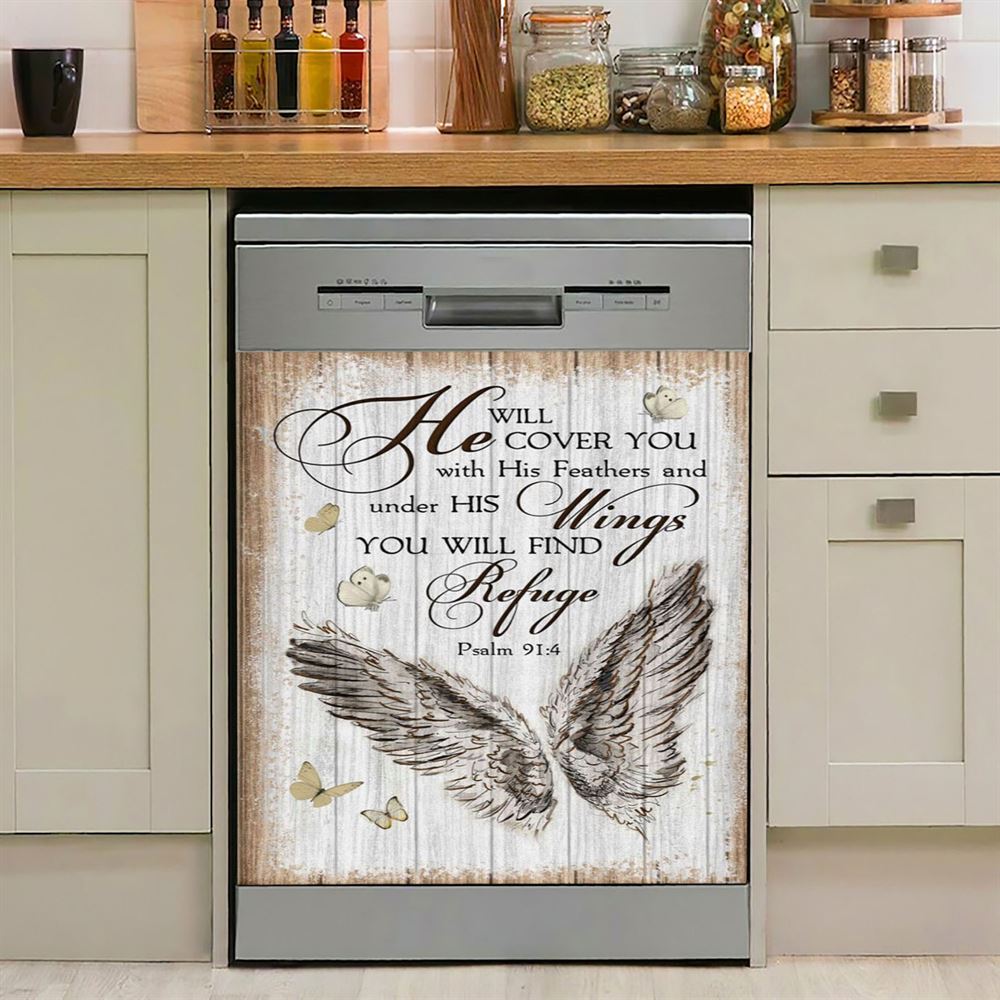 Christian Psalm 914 He Will Cover You With His Feathers Dishwasher Cover, Bible Verse Dishwasher Magnet Cover, Scripture Kitchen Decor