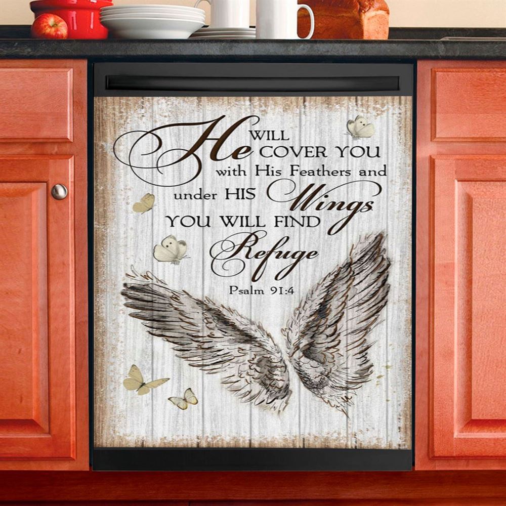 Christian Psalm 914 He Will Cover You With His Feathers Dishwasher Cover, Bible Verse Dishwasher Magnet Cover, Scripture Kitchen Decor