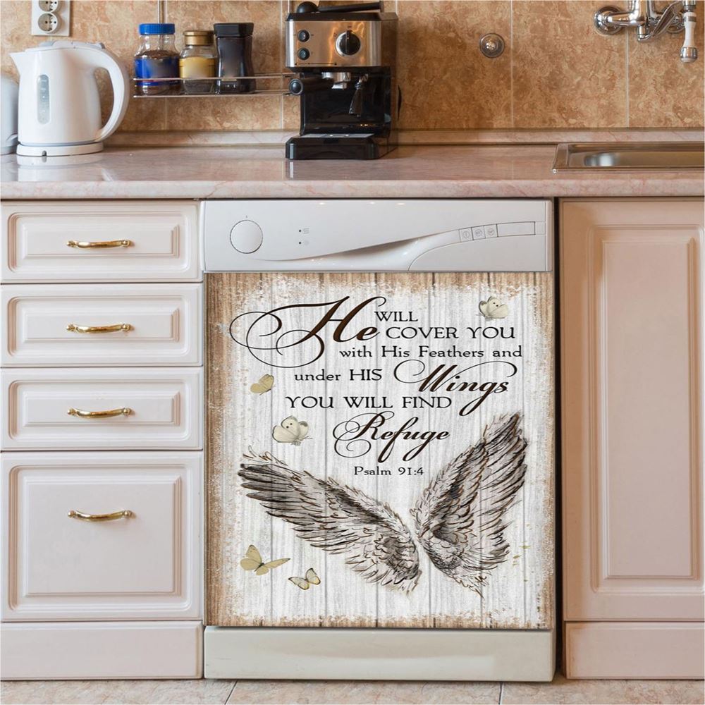 Christian Psalm 914 He Will Cover You With His Feathers Dishwasher Cover, Bible Verse Dishwasher Magnet Cover, Scripture Kitchen Decor