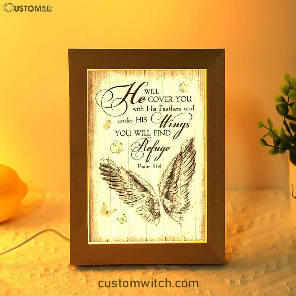 Christian Psalm 914 He Will Cover You With His Feathers Frame Lamp Prints - Bible Verse Decor - Scripture Art