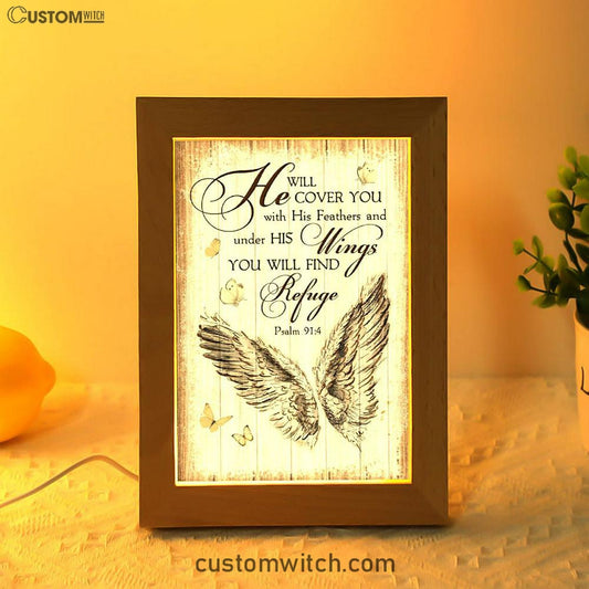 Christian Psalm 914 He Will Cover You With His Feathers Frame Lamp Prints - Bible Verse Decor - Scripture Art