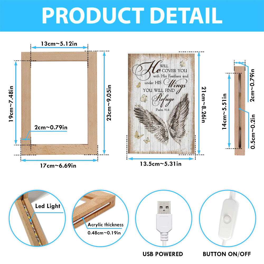 Christian Psalm 914 He Will Cover You With His Feathers Frame Lamp Prints - Bible Verse Decor - Scripture Art