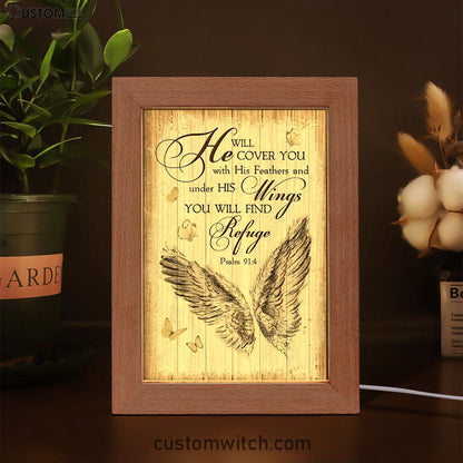 Christian Psalm 914 He Will Cover You With His Feathers Frame Lamp Prints - Bible Verse Decor - Scripture Art