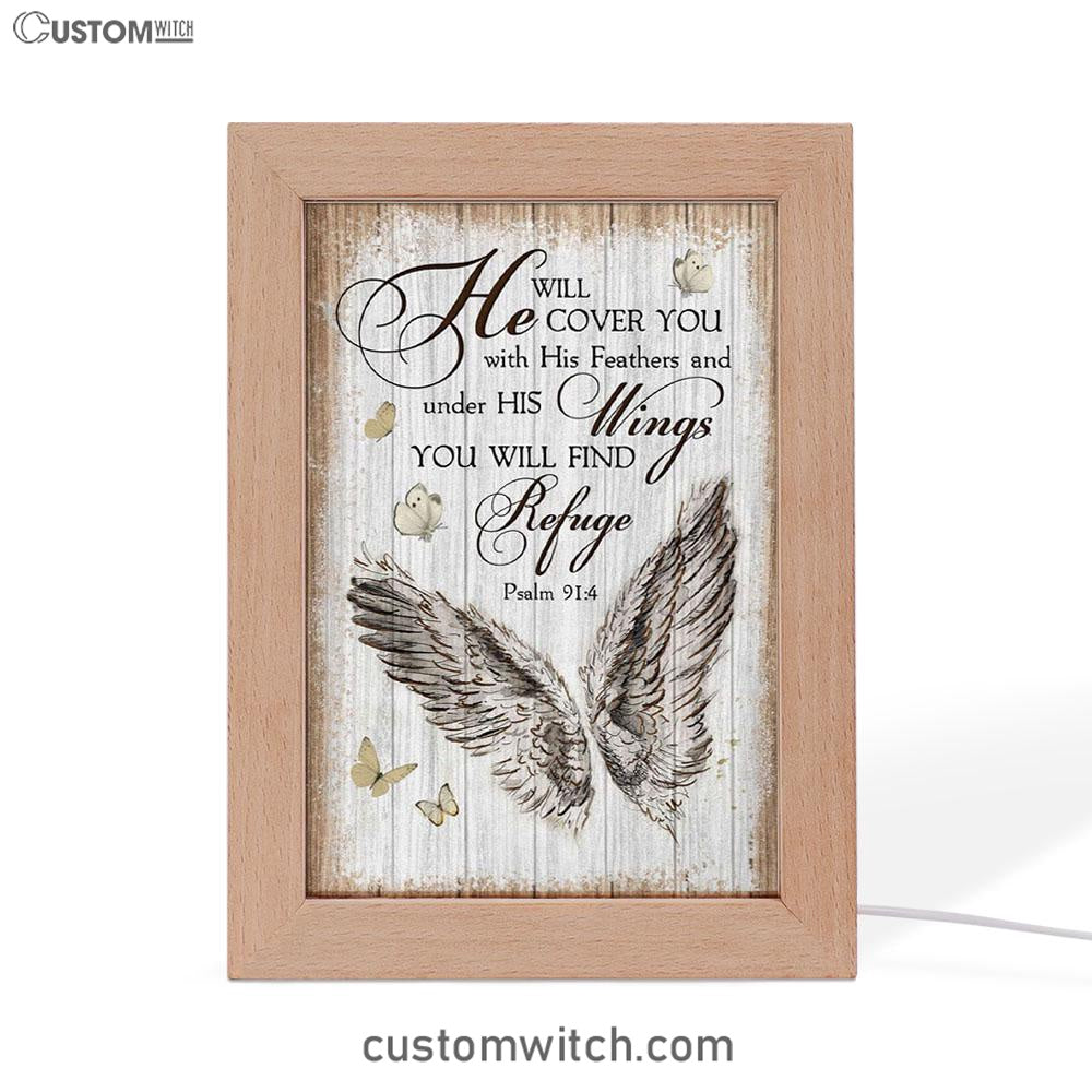 Christian Psalm 914 He Will Cover You With His Feathers Frame Lamp Prints - Bible Verse Decor - Scripture Art