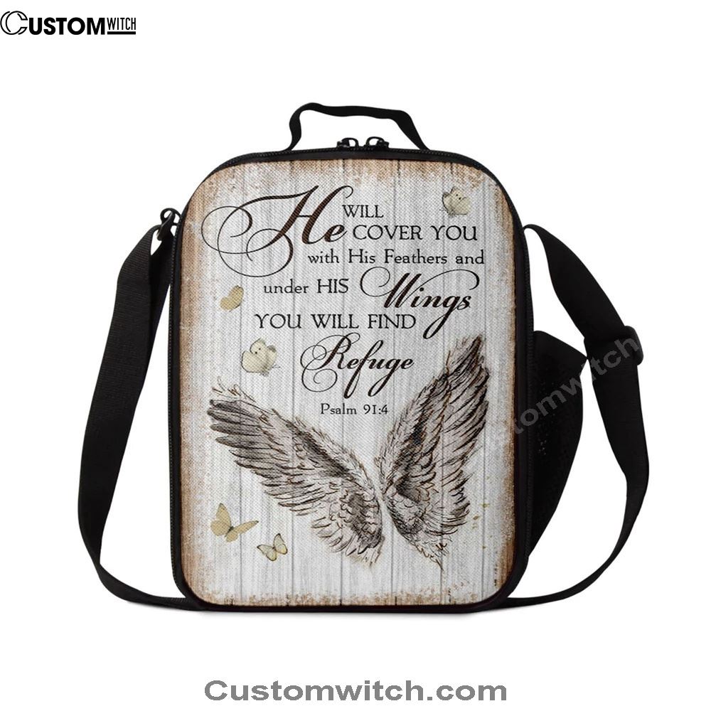 Christian Psalm 914 He Will Cover You With His Feathers Lunch Bag, Christian Lunch Bag For School, Picnic, Religious Lunch Bag