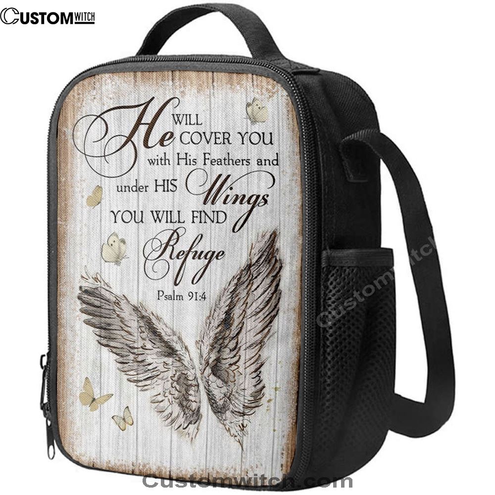 Christian Psalm 914 He Will Cover You With His Feathers Lunch Bag, Christian Lunch Bag For School, Picnic, Religious Lunch Bag
