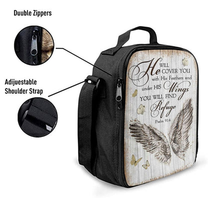 Christian Psalm 914 He Will Cover You With His Feathers Lunch Bag, Christian Lunch Bag For School, Picnic, Religious Lunch Bag