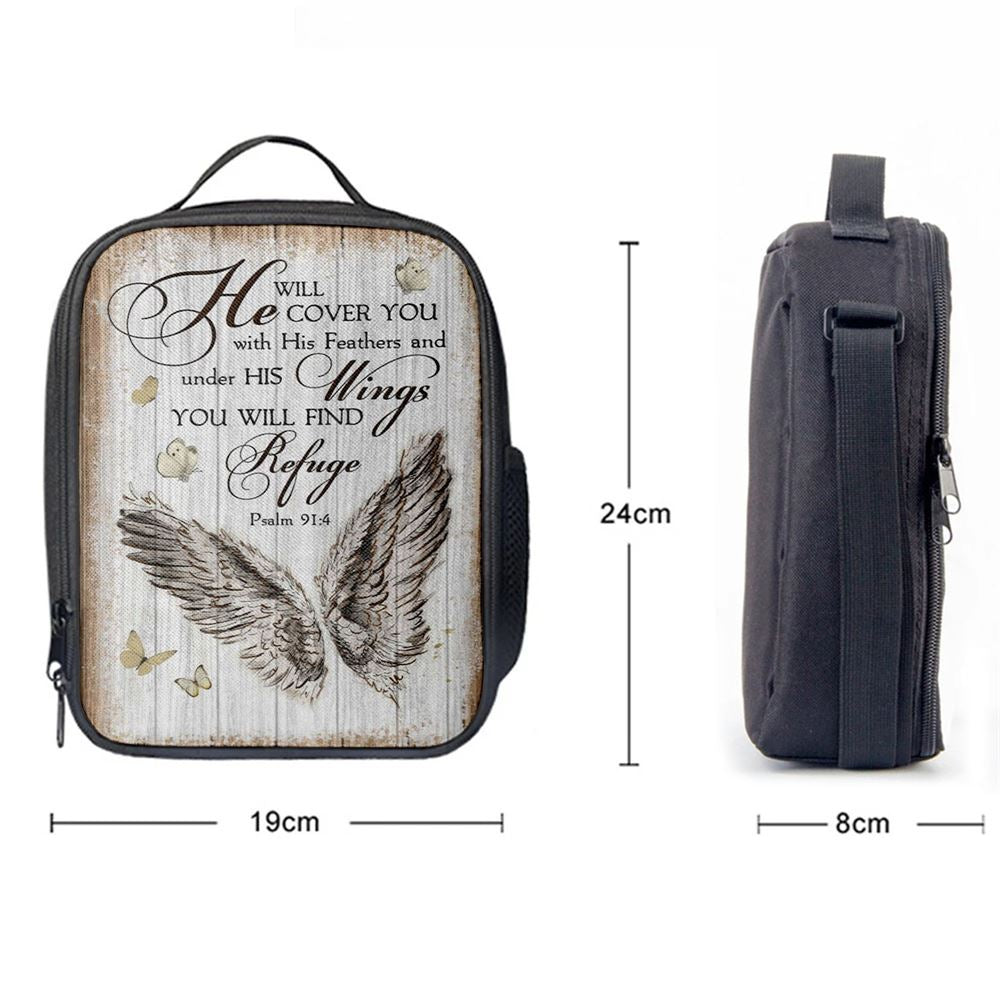 Christian Psalm 914 He Will Cover You With His Feathers Lunch Bag, Christian Lunch Bag For School, Picnic, Religious Lunch Bag
