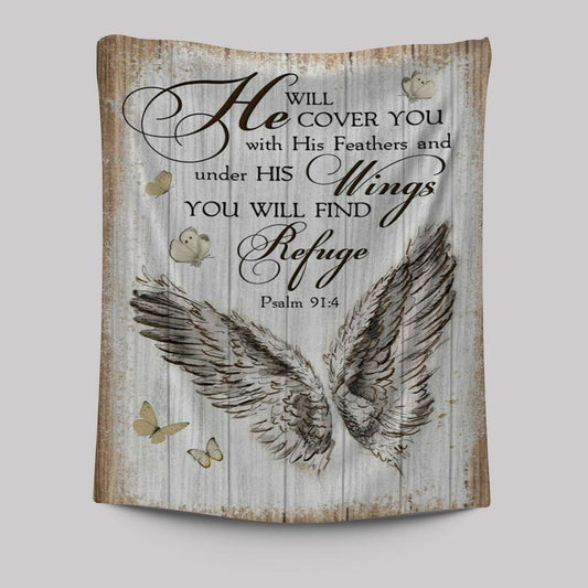 Christian Psalm 914 He Will Cover You With His Feathers Tapestry Prints - Bible Verse Wall Decor - Scripture Wall Art