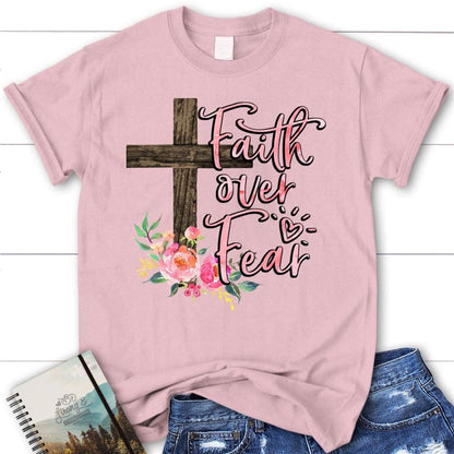 Christian T Shirts Faith Over Fear Cross With Flowers T Shirt, Blessed T Shirt, Bible T shirt, T shirt Women