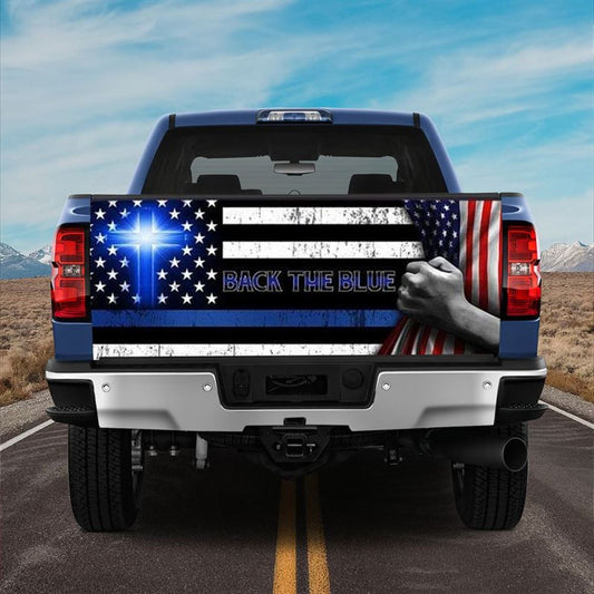 Christian Tailgate Wrap, Back The Blue Christian Cross Truck Tailgate Decal Sticker Wrap Family Gift Tailgate Wrap, Christian Car Decor