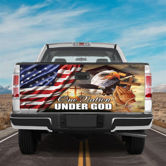 Christian Tailgate Wrap, Bald Eagle American Patriot Bible One Nation Under God Tailgate Wrap Vinyl Graphic Decal Sticker Tailgate Wrap
