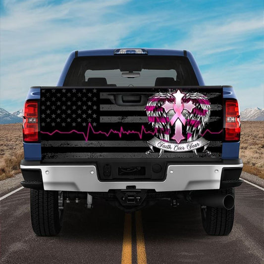 Christian Tailgate Wrap, Breast Cancer Awareness Truck Tailgate Decal Ribbon Cross Angel Tailgate Wrap, Christian Car Decor, Religious Gift
