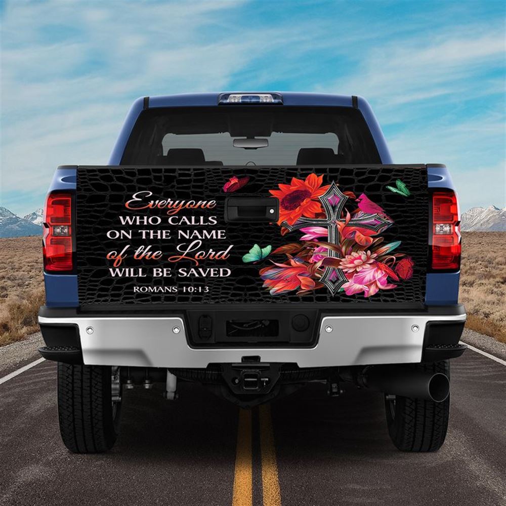 Christian Tailgate Wrap, Christian Cross Flower Everyone Who Calls On The Name Of The Lord Will Be Saved Tailgate Wrap, Christian Car Decor