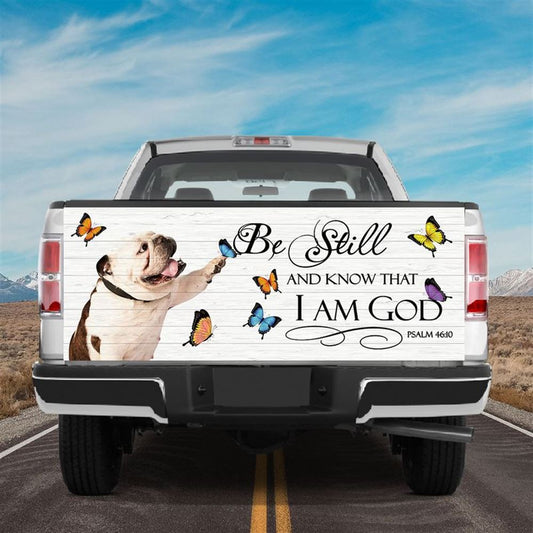 Christian Tailgate Wrap, English Bulldog Tailgate Vinyl Graphic Wrap Dog Play With Butterflies Truck Wraps God Bible Verse Tailgate Wrap