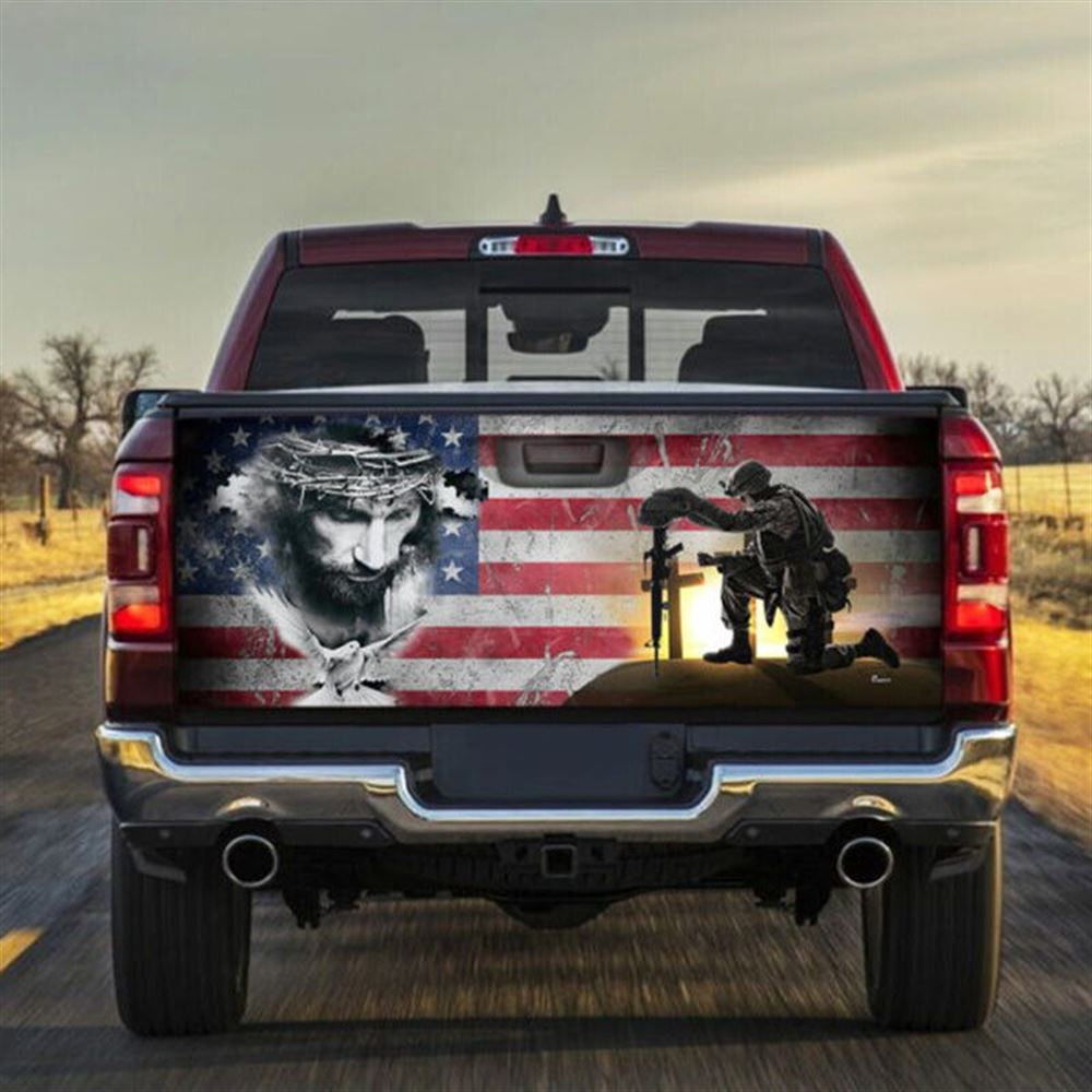 Christian Tailgate Wrap, Jesus Christian American Veteran Tailgate Wrap Decal Sticker Truck Decor Grandpa Gift Fathers Gift Tailgate Wrap
