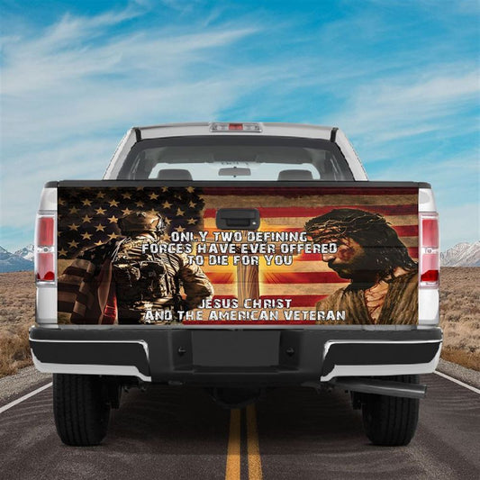 Christian Tailgate Wrap, Jesus Christian And American Veteran Tailgate Wrap Decal Veteran's Day Decor Truck Decoration Tailgate Wrap, Religious Gift