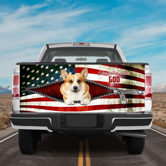 Christian Tailgate Wrap, Pembroke Welsh Corgi Dog One Nation Under God Tailgate Vinyl Wrap American Flag American Patriot Truck Decals Tailgate Wrap