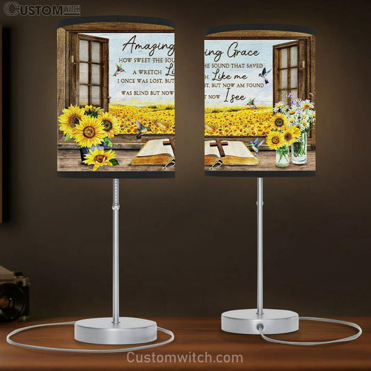 Christian Lamb Gift Amazing Grace How Sweet The Sound - Hummingbird Sunflower Table Lamb Print - Christian Bedroom Decor