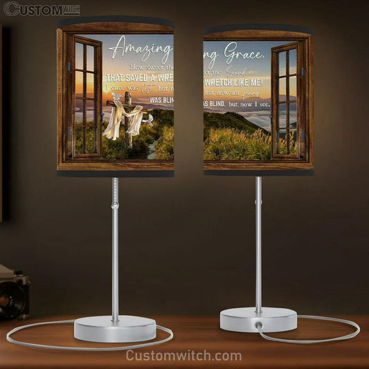 Christian Lamb Gift Amazing Grace How Sweet The Sound Cross Mountain Table Lamb Print - Christian Bedroom Decor