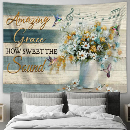 Christian Wall Art Amazing Grace How Sweet The Sound Farmhouse Style Tapestry Print - Christian Wall Decor