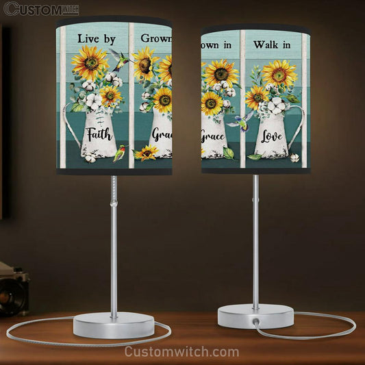 Christian Lamb Gift Live By Faith Grow In Grace Walk In Love - Hummingbird Sunflower Table Lamb Print - Christian Bedroom Decor