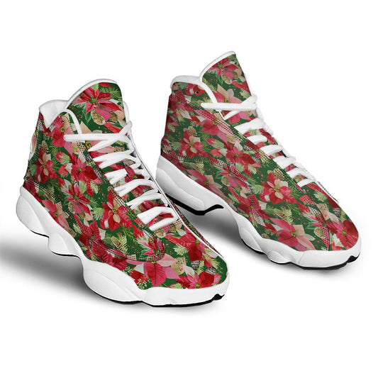 Christmas Basketball Shoes, Poinsettia Christmas Vintage Print Pattern Jd13 Shoes For Men Women, Christmas Fashion Shoes