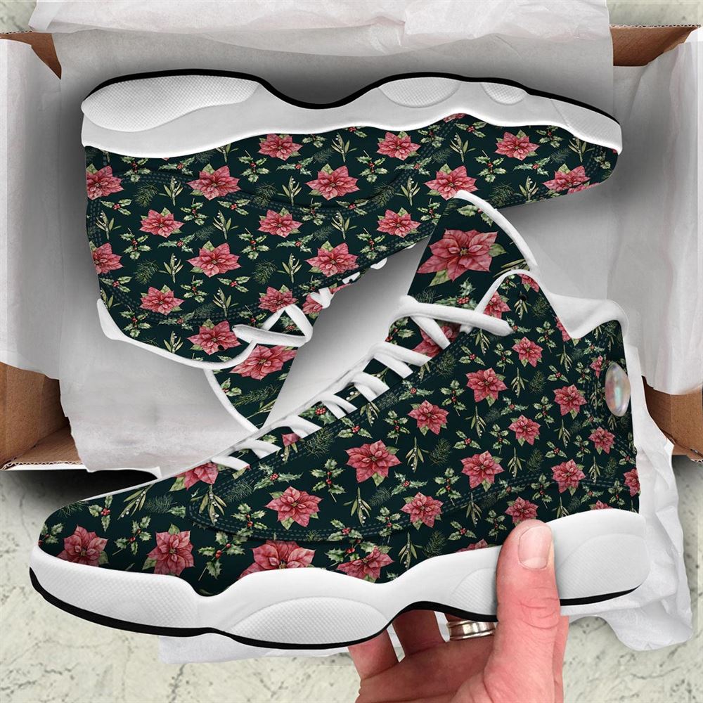 Christmas Basketball Shoes, Poinsettia Christmas Watercolor Print Pattern Jd13 Shoes For Men Women, Christmas Fashion Shoes