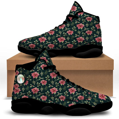Christmas Basketball Shoes, Poinsettia Christmas Watercolor Print Pattern Jd13 Shoes For Men Women, Christmas Fashion Shoes