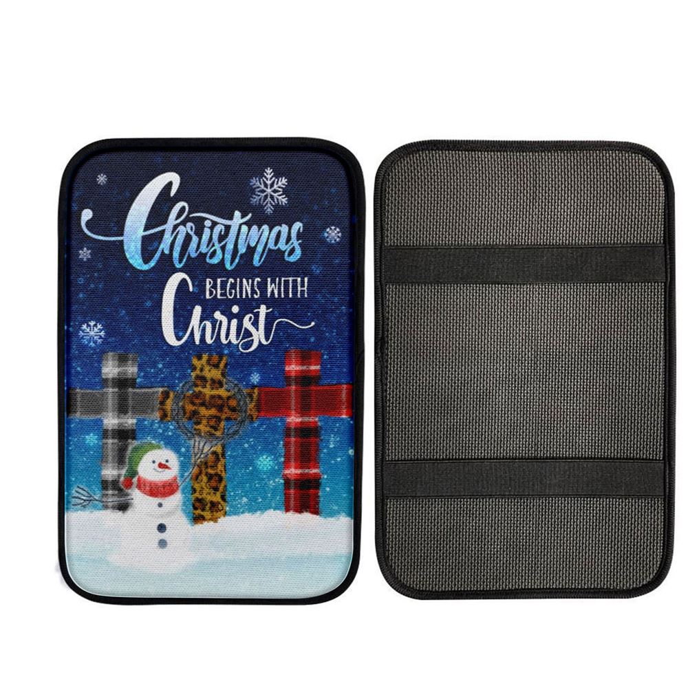 Christmas Begins With Christ Cross Snowman Christmas Car Center Console Cover, Christian Car Accessories