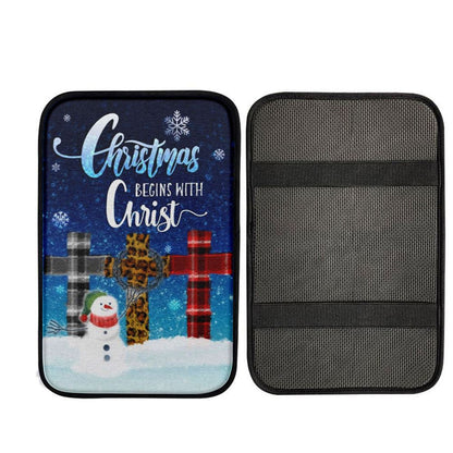 Christmas Begins With Christ Cross Snowman Christmas Car Center Console Cover, Christian Car Accessories