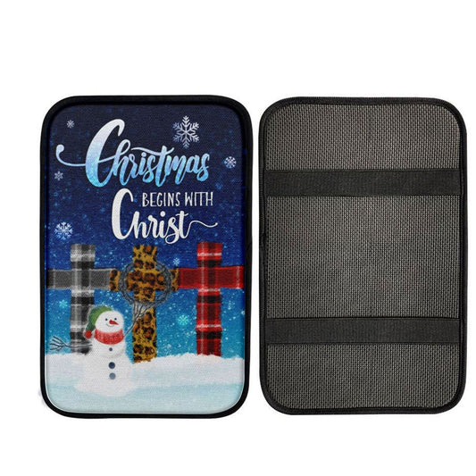 Christmas Begins With Christ Cross Snowman Christmas Car Center Console Cover, Christian Car Accessories