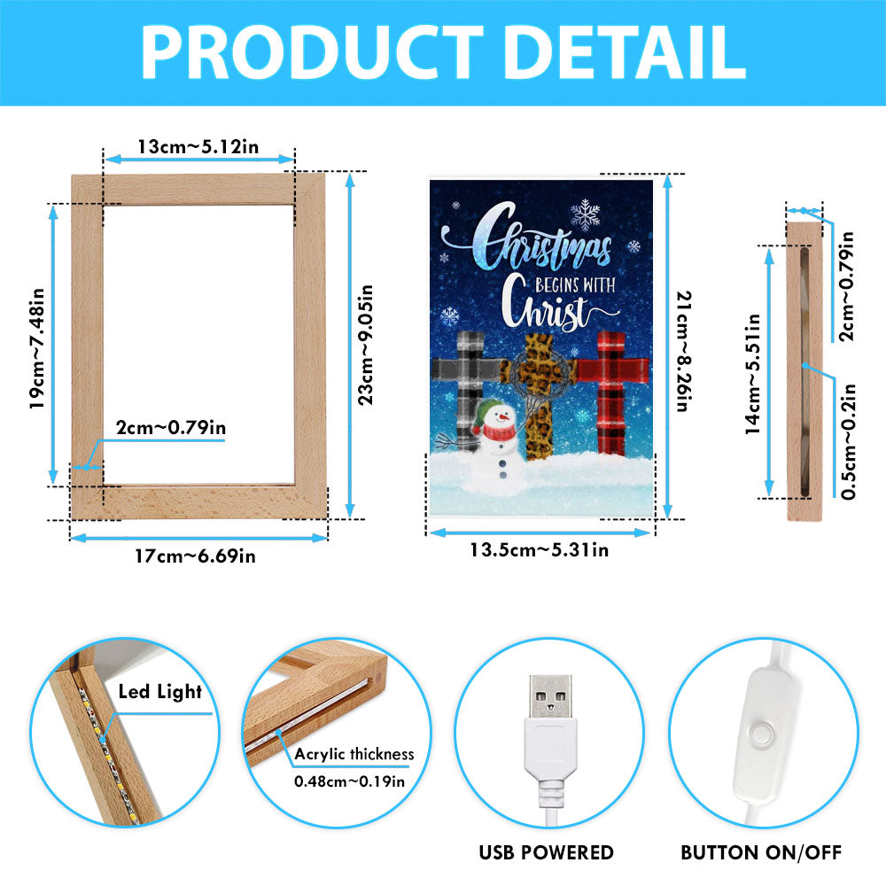 Christmas Begins With Christ Cross Snowman Christmas Frame Lamp Prints - Bible Verse Decor - Scripture Art