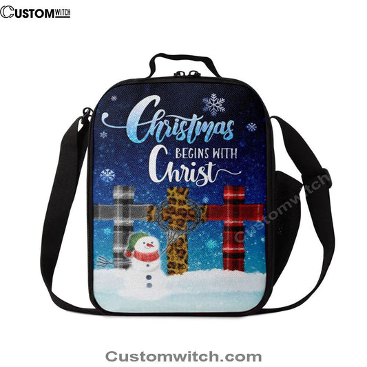 Christmas Begins With Christ Cross Snowman Christmas Lunch Bag, Christian Lunch Bag For School, Picnic, Religious Lunch Bag