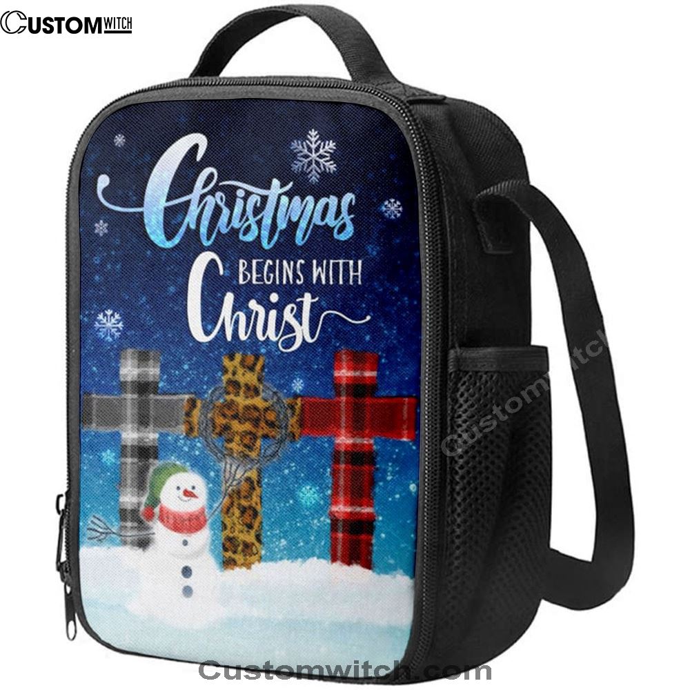 Christmas Begins With Christ Cross Snowman Christmas Lunch Bag, Christian Lunch Bag For School, Picnic, Religious Lunch Bag