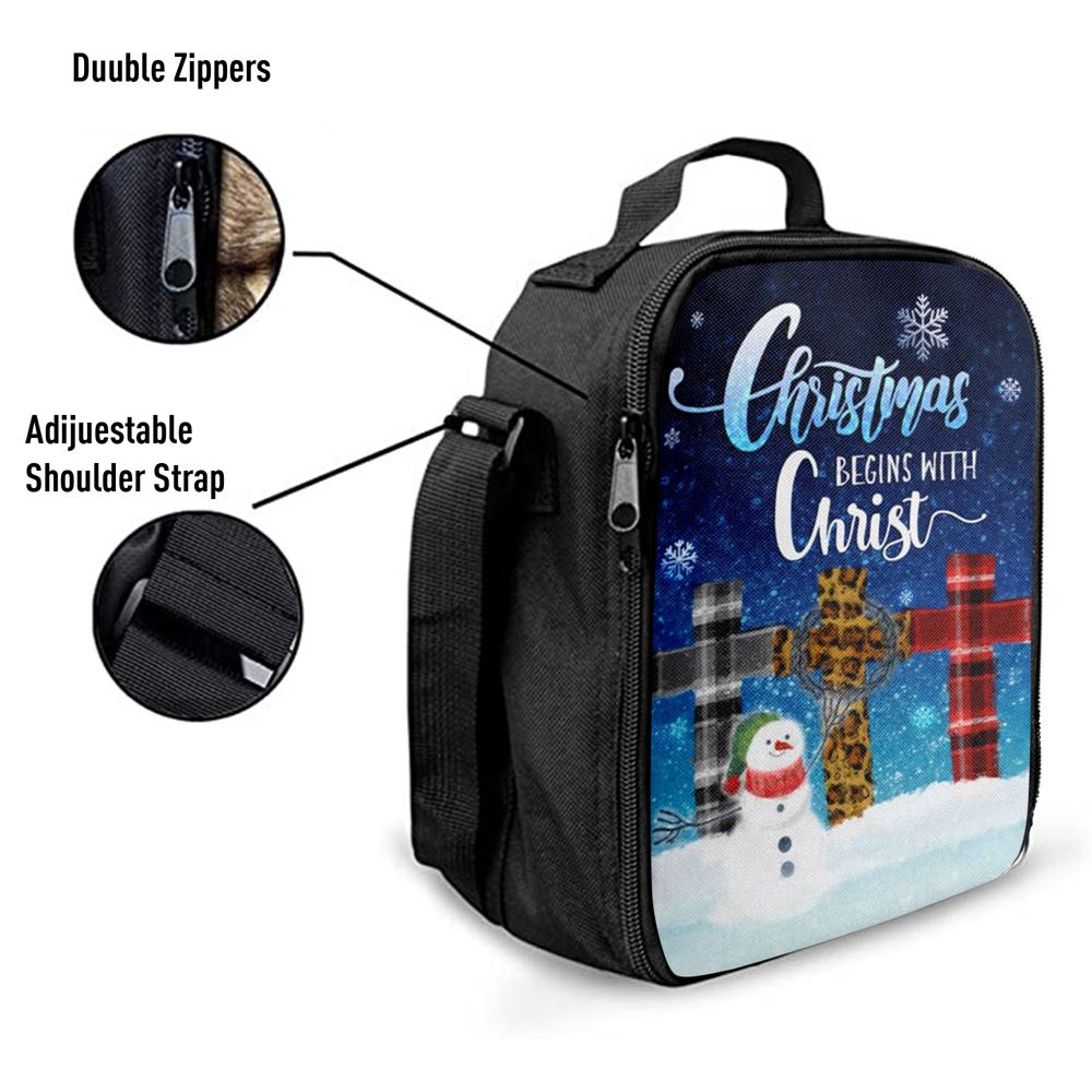 Christmas Begins With Christ Cross Snowman Christmas Lunch Bag, Christian Lunch Bag For School, Picnic, Religious Lunch Bag