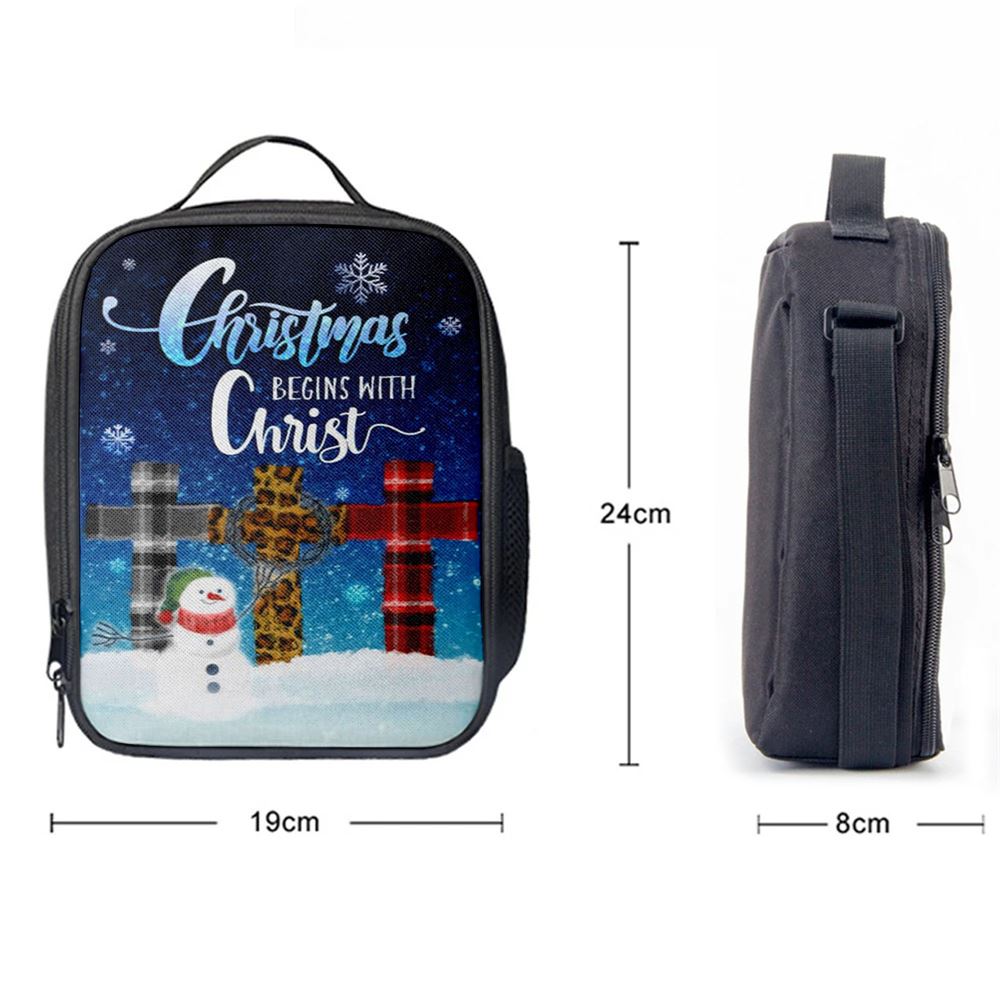 Christmas Begins With Christ Cross Snowman Christmas Lunch Bag, Christian Lunch Bag For School, Picnic, Religious Lunch Bag