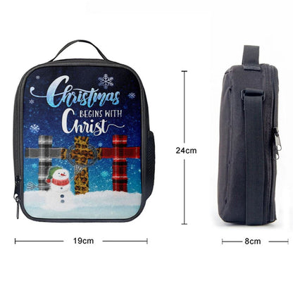 Christmas Begins With Christ Cross Snowman Christmas Lunch Bag, Christian Lunch Bag For School, Picnic, Religious Lunch Bag