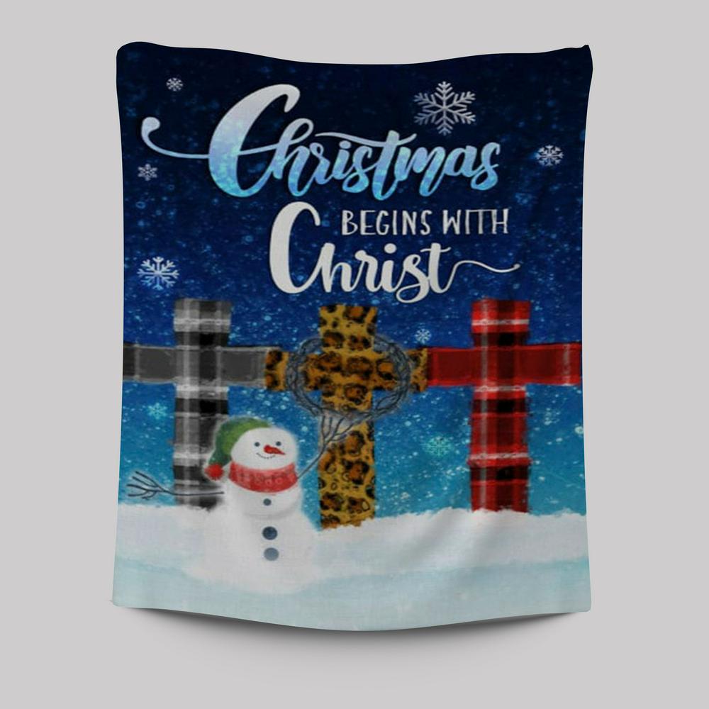 Christmas Begins With Christ Cross Snowman Christmas Tapestry Prints - Bible Verse Wall Decor - Scripture Wall Art