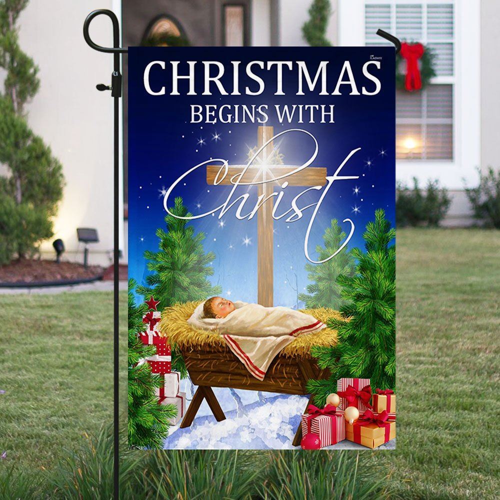 Christmas Begins With Christ Flag Jesus Is Born Baby Jesus In A Manger Flag, Christian Christmas House Flag, Christmas Outdoor Decor Ideas