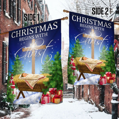 Christmas Begins With Christ Flag Jesus Is Born Baby Jesus In A Manger Flag, Christian Christmas House Flag, Christmas Outdoor Decor Ideas