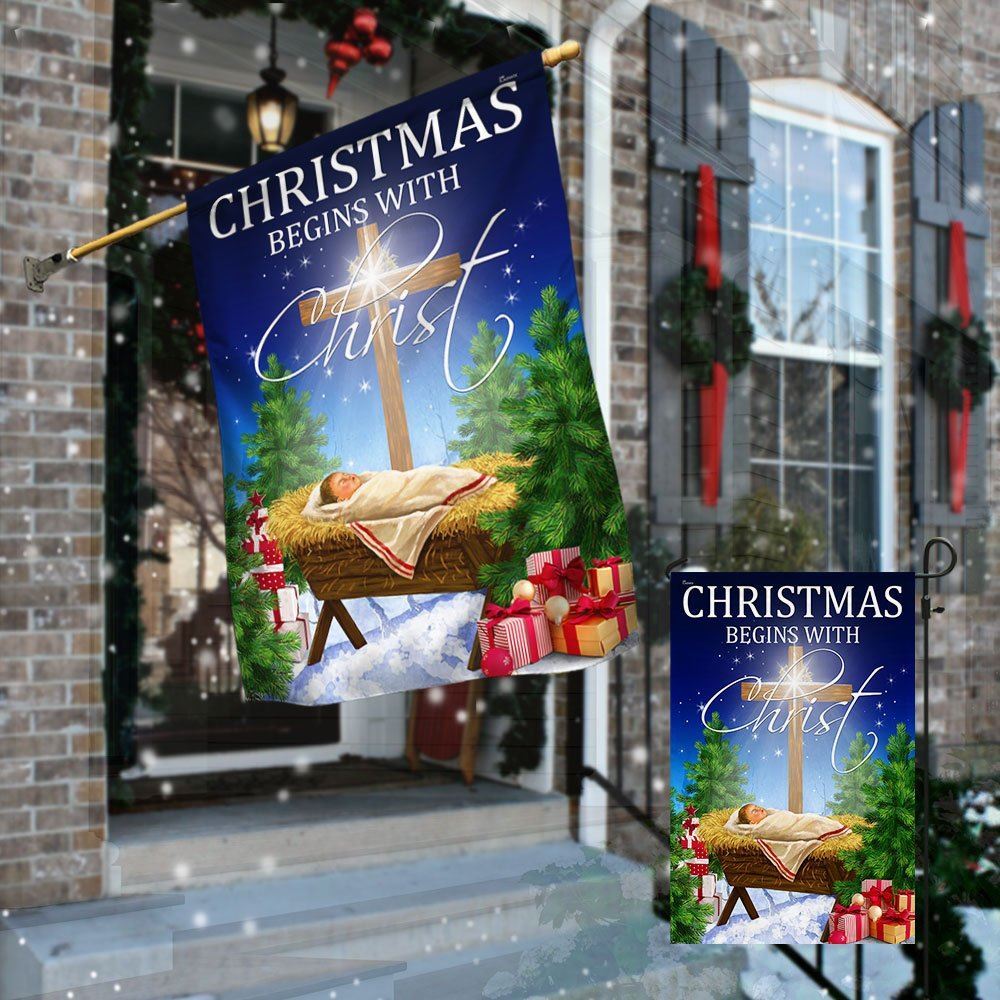 Christmas Begins With Christ Flag Jesus Is Born Baby Jesus In A Manger Flag, Christian Christmas House Flag, Christmas Outdoor Decor Ideas
