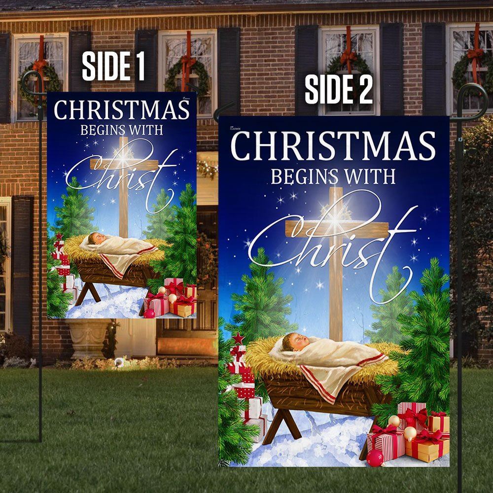 Christmas Begins With Christ Flag Jesus Is Born Baby Jesus In A Manger Flag, Christian Christmas House Flag, Christmas Outdoor Decor Ideas