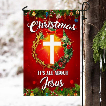 Christmas It's All About Jesus Flag Crown Of Thorns Christmas Wreath Flag, Christian Christmas House Flag, Christmas Outdoor Decor Ideas